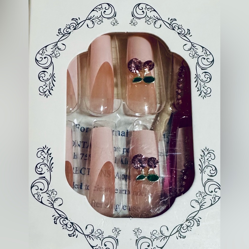 Diowino “coffin” shaped acrylic press on nails kit, pink with rhinestones
